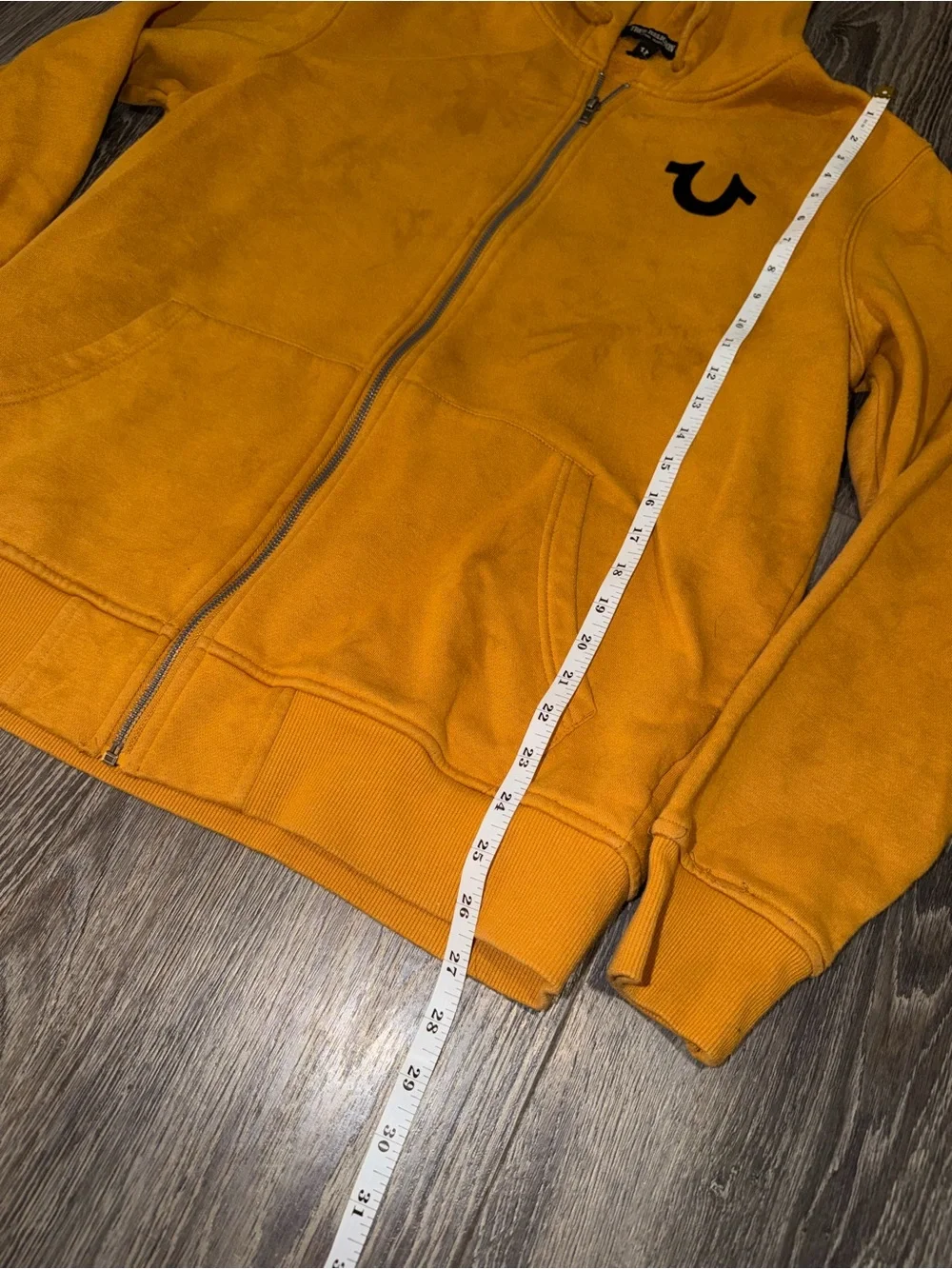 True Religion Vintage yellow zip up hoodie with black logo size L